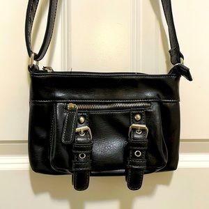 Black faux leather cross body, buckles, adjustable
